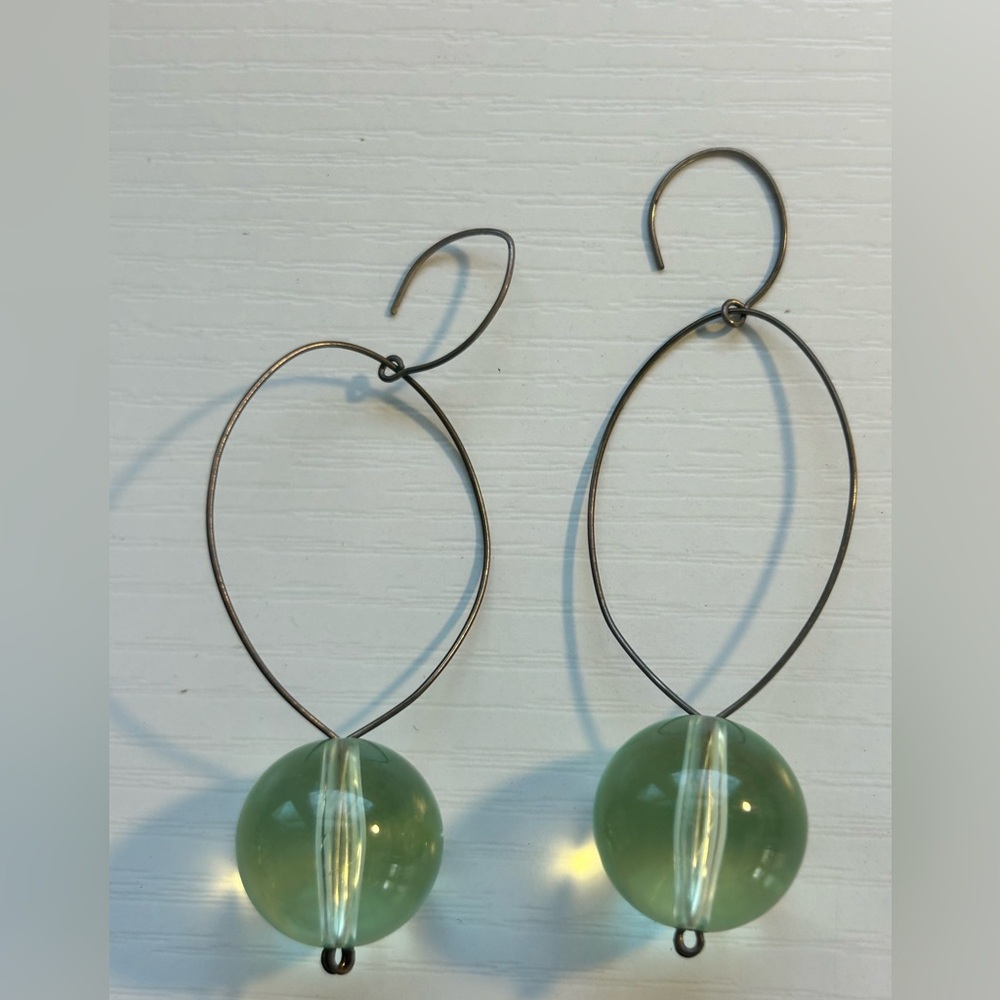 Green Bead Drop Pierced Dangle Hook Earrings Modern‎ Boho Costume Jewelry 3”